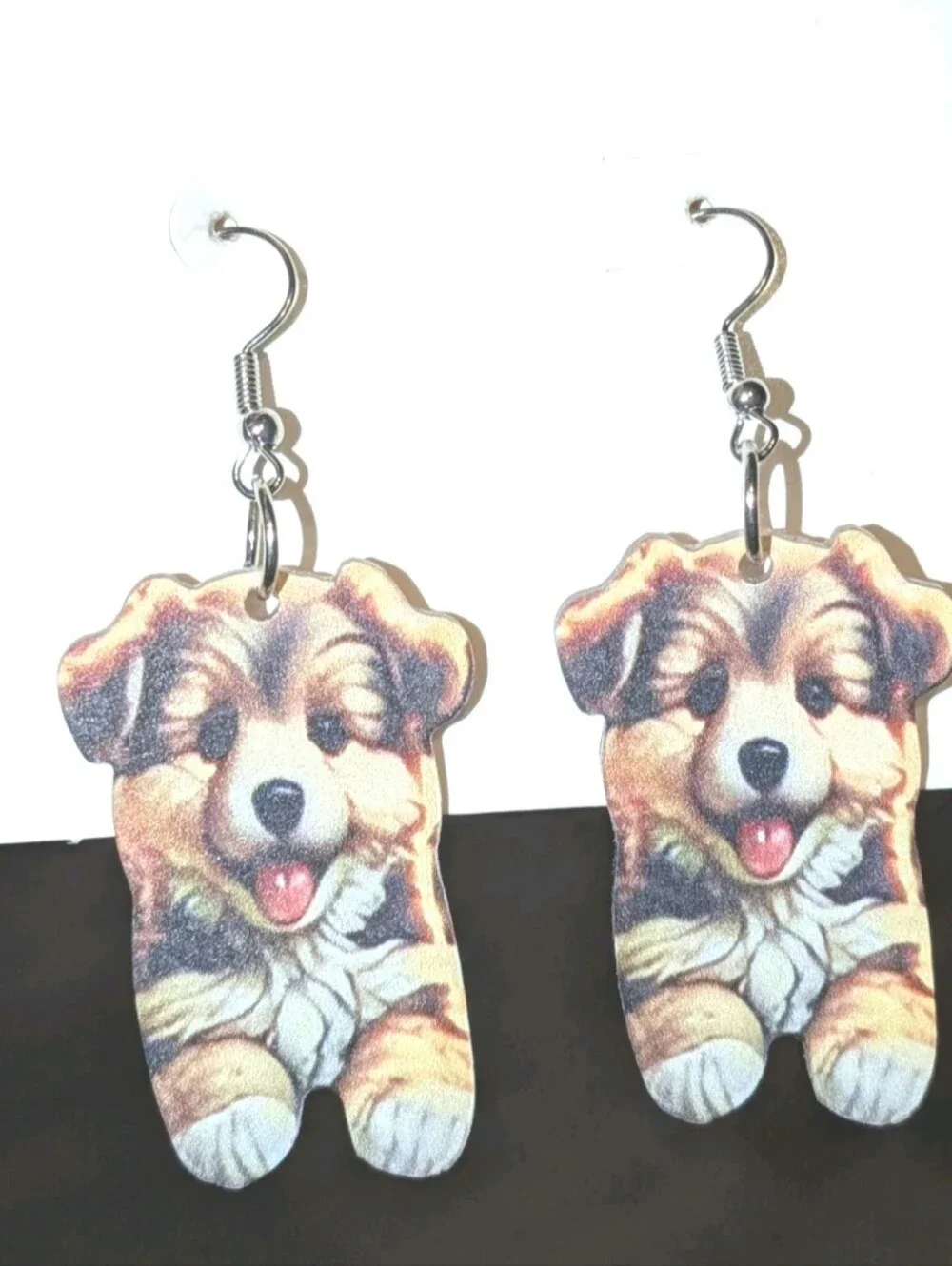 Hand Crafted Brown and Cream Puppy Dangle Earrings